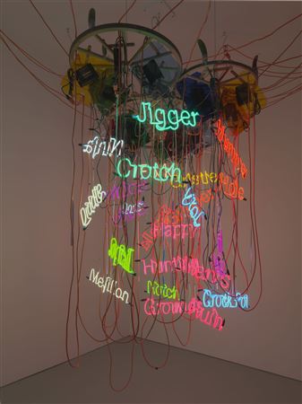 Jason Rhoades : Three-Wheel Waggon-Wheel Chandelier