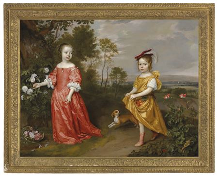 Jan Mytens : Double portrait of two children in a landscape, a dog at their side