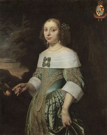 Bartholomeus Van Der Helst : Portrait of Sophia Coymans (1636-1714), three-quarter-length, holding a twig with an orange, before a landscape