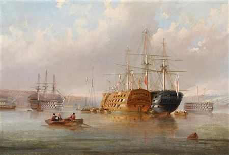 Nicholas Condy : SHIPS LYING IN THE TAMAR RIVER, WITH THE ROYAL WILLIAM YARD AND MOUNT EDGCUMBE BEYOND