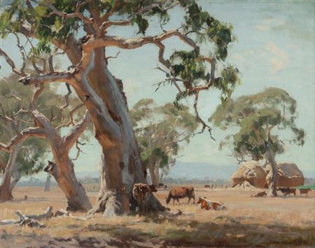 John Thomas Rowell : Gum Trees with Cattle and Haystacks, 1945.