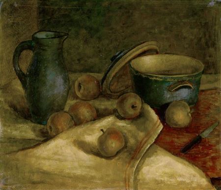 Hans Zaugg : Still life with a jug, a lidded container and apples