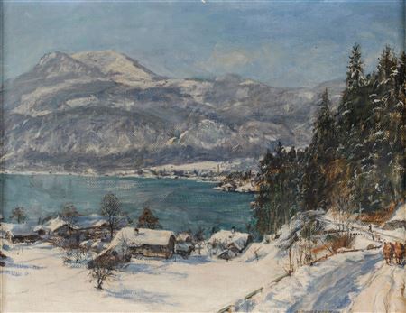 Adolf Helmberger : View of St. Gilgen and the Zwölferhorn on Lake Wolfgang