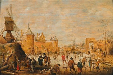 Cornelis Droochsloot : Skaters on a frozen canal with fortifications beyond