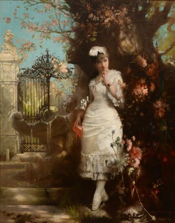 Heinrich Hanns Schlimarski : Elegant Woman in a Garden with a Fountain and Gate