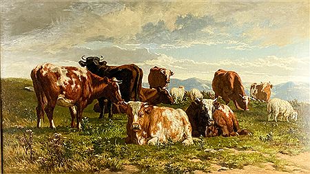 Alfred Grey : CATTLE AND SHEEP RESTING IN MOUNTAINOUS LANDSCAPE