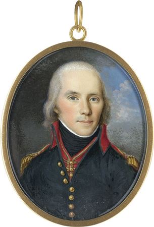 Wendelin Moosbrugger : Miniature portrait of a young officer with powdered hair, called Frédéric Marizy (1765 - 1811), in blue uniform with red collar, gold-edged red vest, gold-colored epaulettes and black collar; in front of a cloudy background