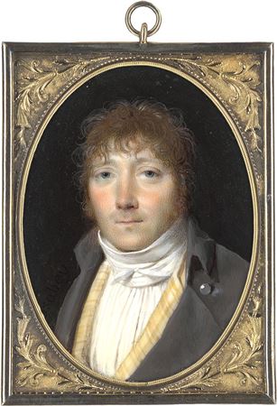 Wendelin Moosbrugger : Miniature portrait of a young man with curly, light brown hair and sideburns, wearing a gray-brown jacket, striped yellow vest and white shirt with knotted neck tie. Signed 'Isabey.' along the lower left edge of the jacket