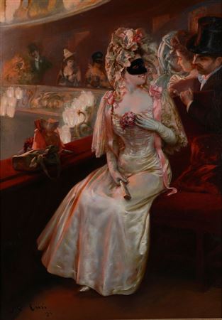 Manuel Cusi Y Ferret : Woman with a mask smiling at the balcony of a theater, 1901