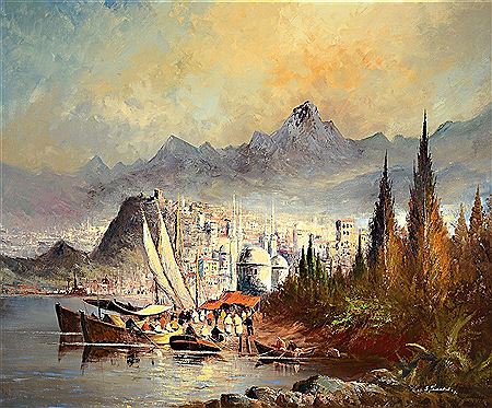 Gunter Seekatz : Fishing boats in front of an oriental port town