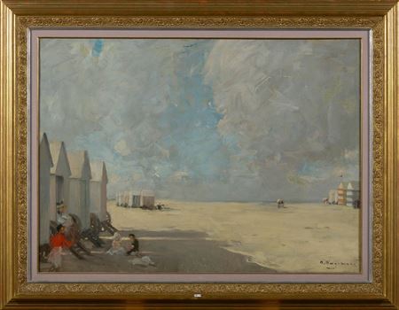 Maurice Wagemans : 'Children playing in front of the beach cabins in Ostend'.