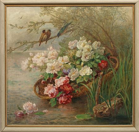 Marie Helene Strohmeyer : Birds and a basket of roses by the lake