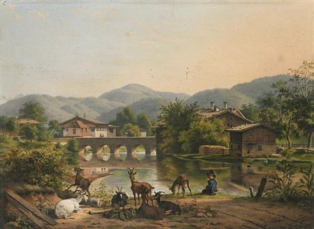 Carl Friedrich Heinzmann : Shepherd with goats on the river bank, arched bridge and village