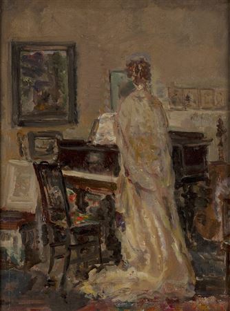 Dame Ethel Walker : Portrait of a Lady in front of a piano (with 'Donkeys on the Beach in Robin Hood's Bay' on the reverse);