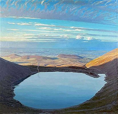 David Woodford : Landscape at 'Marchlyn Mawr', Eryri (Snowdonia), with reservoir and smoking campfire