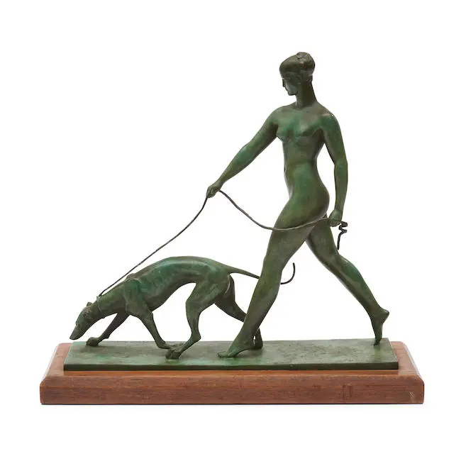 Raymond Rivoire : French Deco bronze nude with dog