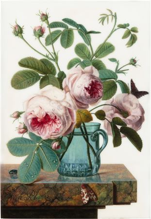 Christiaen van Pol : A bouquet of roses in a glass vase with a butterfly, moth and beetle, all upon a marble ledge