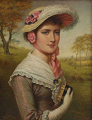 William Lucas : Portrait of a young lady in a bonnet with pink ribbons and white feather, in a landscape