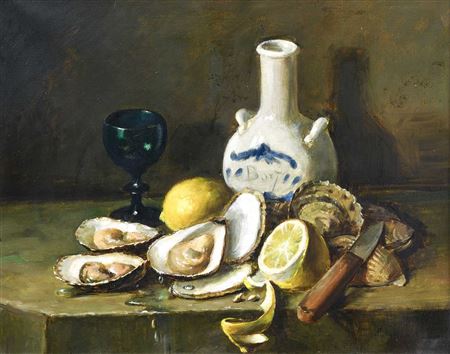 Raymond Hoeck : Still life of oysters and lemons