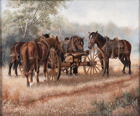 Joanne Standefer : Hitching wagon with horses, 1989