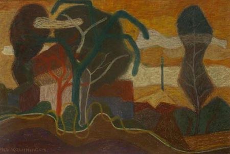 Harry Van Kruiningen : Trees and a house along a country road