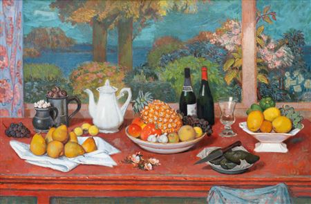 Gerard Victor Alphons Roling : A luscious still life with fruit, mushrooms and wine bottles on a table