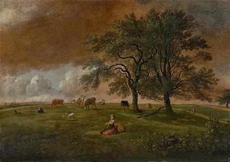 Johan Christian Klengel : ”Landschaft mit Hirtin und Vieh unter Bäumen”. 1796