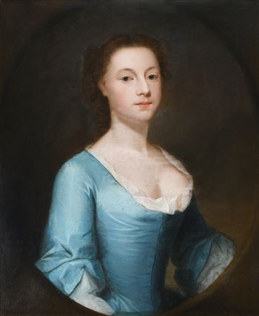 John Theodore Heins : Portrait of Judith Bedingfield (1730-1794) half-length, wearing a blue dress in a painted oval