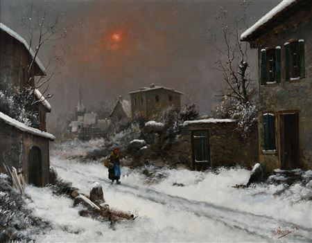 Jean Bain : Soleil d’hiver sur le village enneigé, 1898