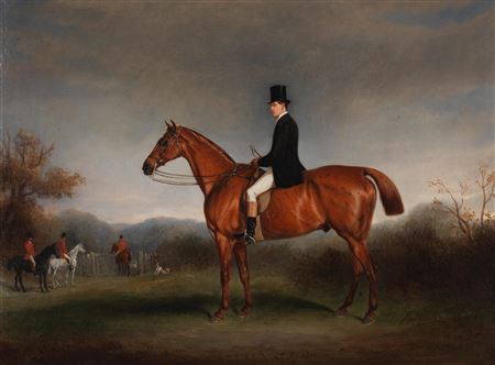 Claude Lorraine Ferneley : Equestrian portrait of a gentleman on a chestnut hunter, with other members of the hunt beyond