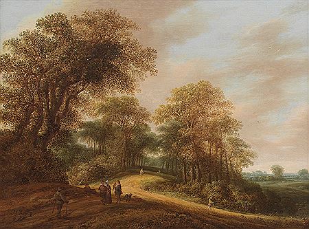 Pieter Jansz : Wooded landscape with travellers and a falconer on a path