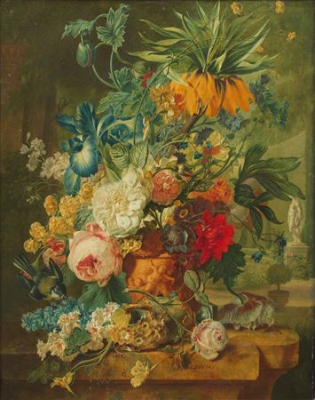 Wybrand Hendriks : Still life of a Crown Imperial, iris, roses and other flowers in a terracotta vase on a stone ledge in a landscape