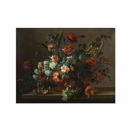 Charles Gilles Dutillieu : Fleurs dans un vase de bronze avec quelques fruits auprès