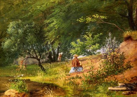 Eleonore Tscherning : An artist sits and paints in a forest clearing, in the background a firewood collector.