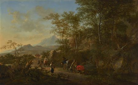 Jan Dirksz Both : An Italianate landscape with huntsmen and villagers on a path and shepherds with their herd in the background