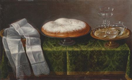 Thomas Hiepes : A lace-trimmed hand cloth, a pan dulce and glassware on a stand, all arranged upon a tabletop draped with green damask