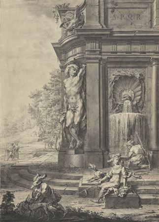 Gilles Marie Oppenordt : Architectural capriccio with fountain and caryatids, an allegory of hunting in the foreground