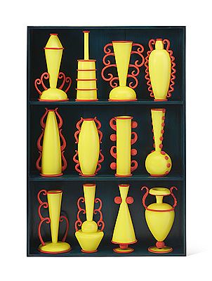 Dante Marioni : 'Yellow with Red Vessel Display' Group of Twelve Glass Vases and a Hanging-Case