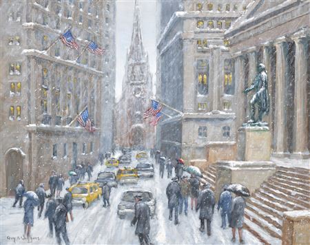 Guy Arthur Wiggins : Winter on 'The Street' (Wall St. Looking West Toward Trinity Church)