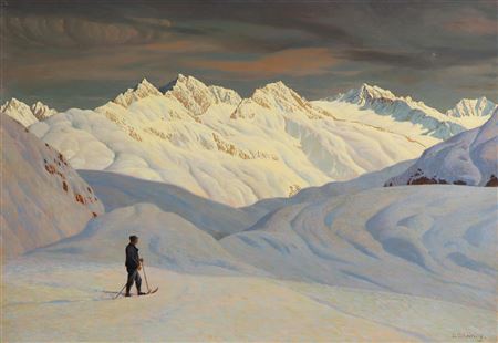 Leopold Scheiring : Skiers in the evening mountains