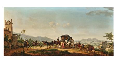 Jacques François Joseph Swebach-Desfontaines : An extensive landscape with a stagecoach