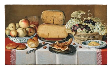 Roelof Koets I : Cheeses on a pewter plate, black and white grapes in a basket, apples in a porcelain Chinese bowl, bread rolls and a knife, all on a draped table