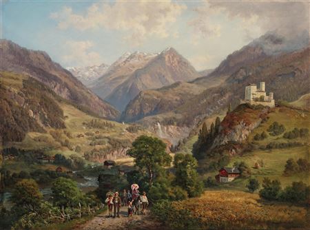 Gustav Barbarini : Excursionists in the Tauerntal Valley with a View of Weißenstein Castle near Matrei in Osttirol