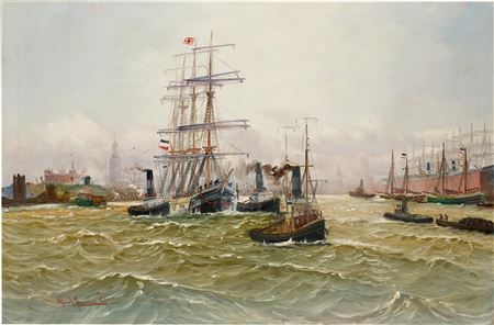 Alfred (Professor) Jensen : A Three-Master and Sail Boats with the French Flag in the Hamburg Harbour