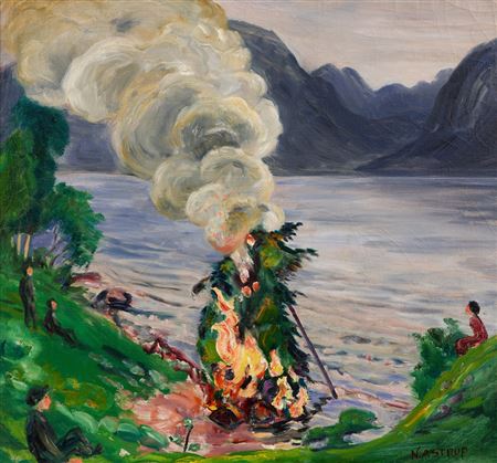 Nikolai Astrup : Midsummer Bonfire by Jølstervannet