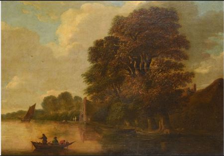 Pieter Jansz : Fishermen in a boat on the banks of a river