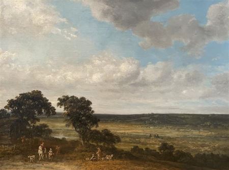 Georges Michel : Figures and animals in the foreground in a cloudy landscape