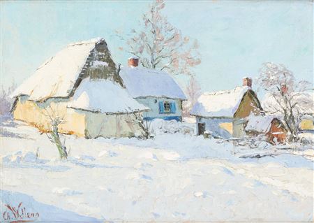 Charles Wellens : Sunny morning over thatched cottages