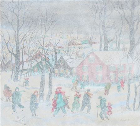 Beulah Elizabeth Hazelrigg Brown : Snowy Village Scene with Many Figures