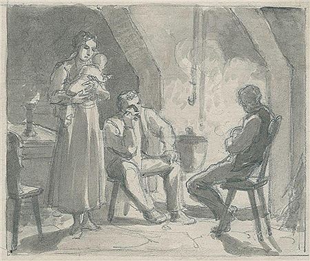 Franz Hegi : Family in a kitchen by the fire